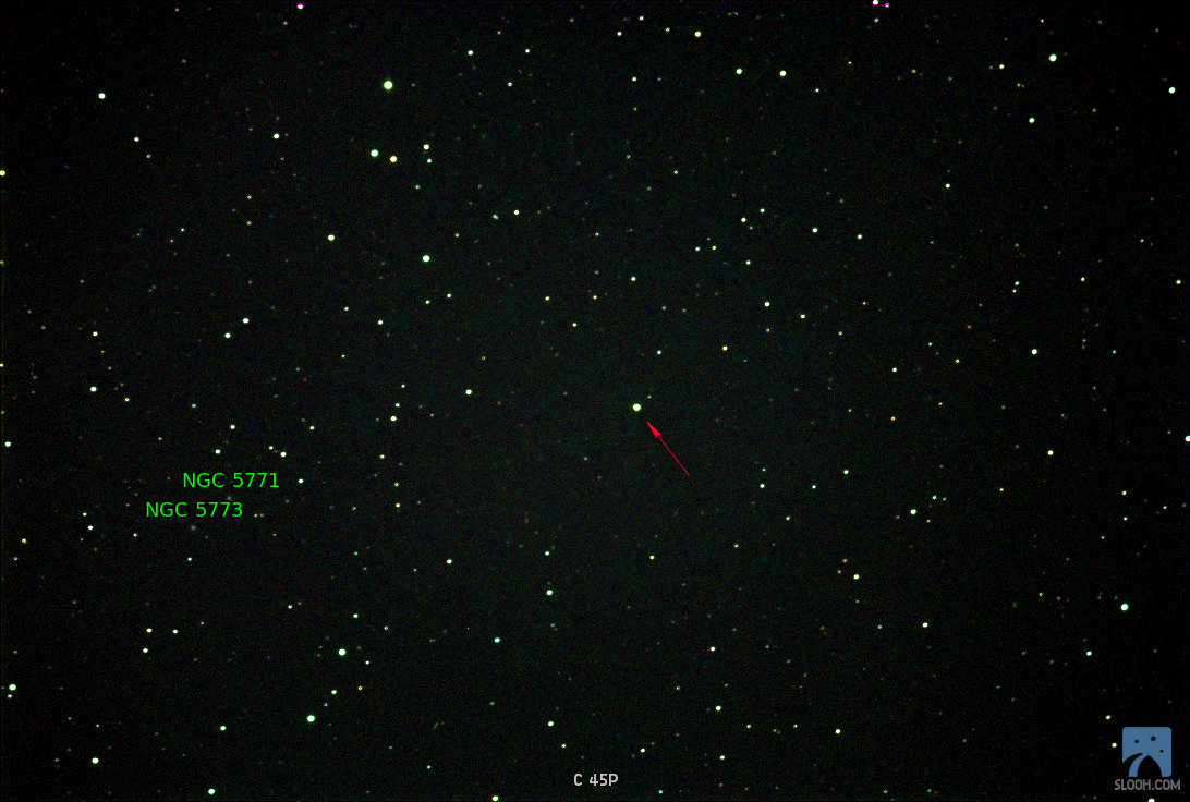 C 45P (14h 49m 44s Dec. +29° 56' 58)_Canary Islands 2 Wide Field Feb 14th, 2017 042640 UTC_annoté.png